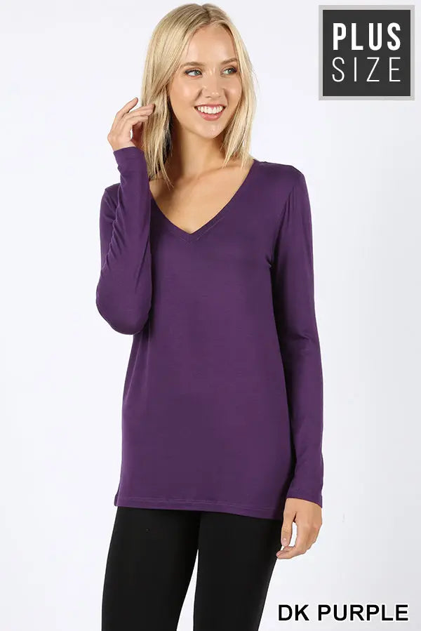 PLUS PREMIUM RAYON LONG SLEEVE V-NECK TEE (GOOD QUALITY MISSY T-SHIRTS) -RELAXED FIT - Cathy,s new look