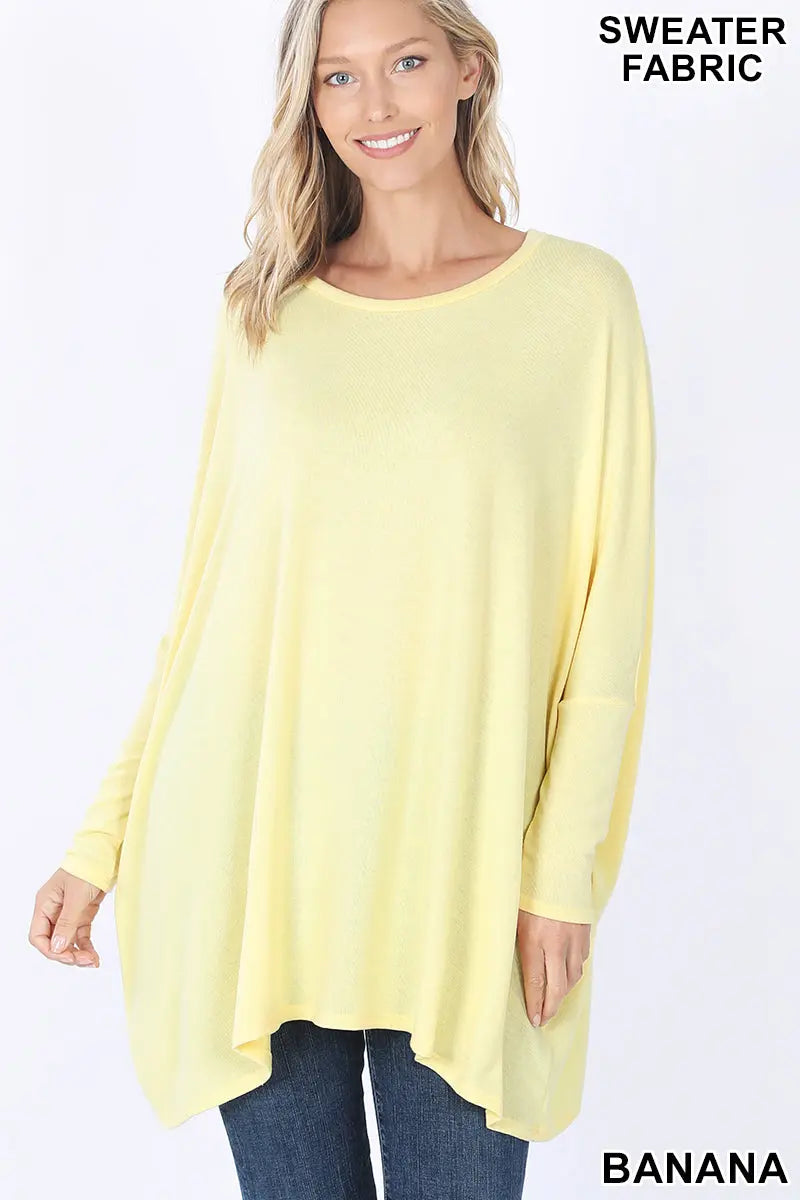 ZENANA SWEATER FABRIC OVERSIZE ROUND NECK PONCHO HT-2555AB BANANA Cathy,s new look