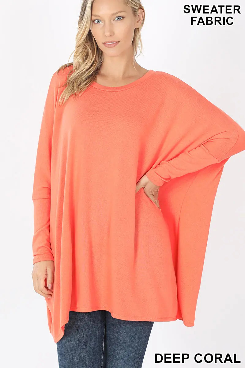 ZENANA SWEATER FABRIC OVERSIZE ROUND NECK PONCHO HT-2555AB DEEP CORAL Cathy,s new look