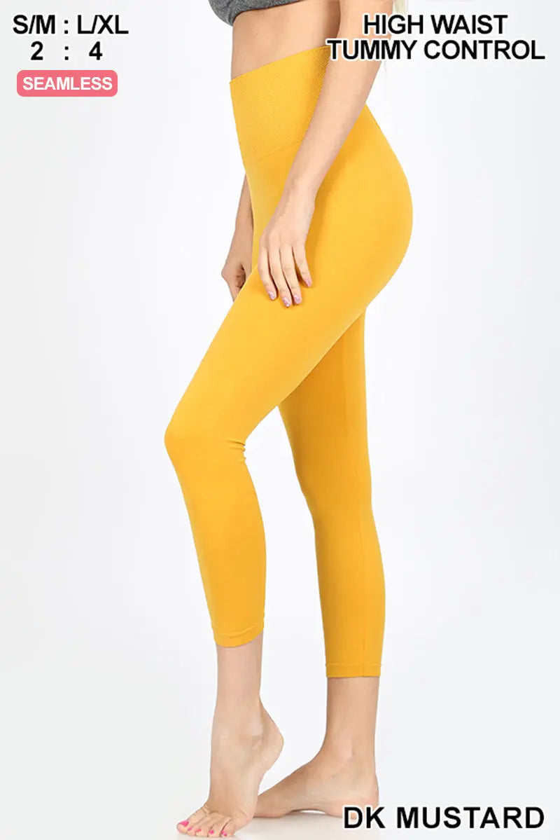 ZENANA Leggings Seamless Capri Yoga in DK Mustard with high waist and tummy control