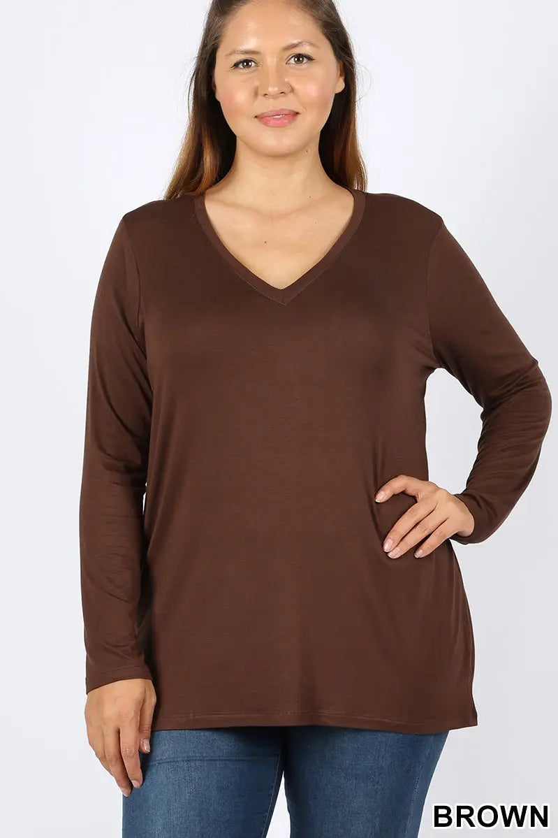 PLUS PREMIUM RAYON LONG SLEEVE V-NECK TEE (GOOD QUALITY MISSY T-SHIRTS) -RELAXED FIT - Cathy,s new look