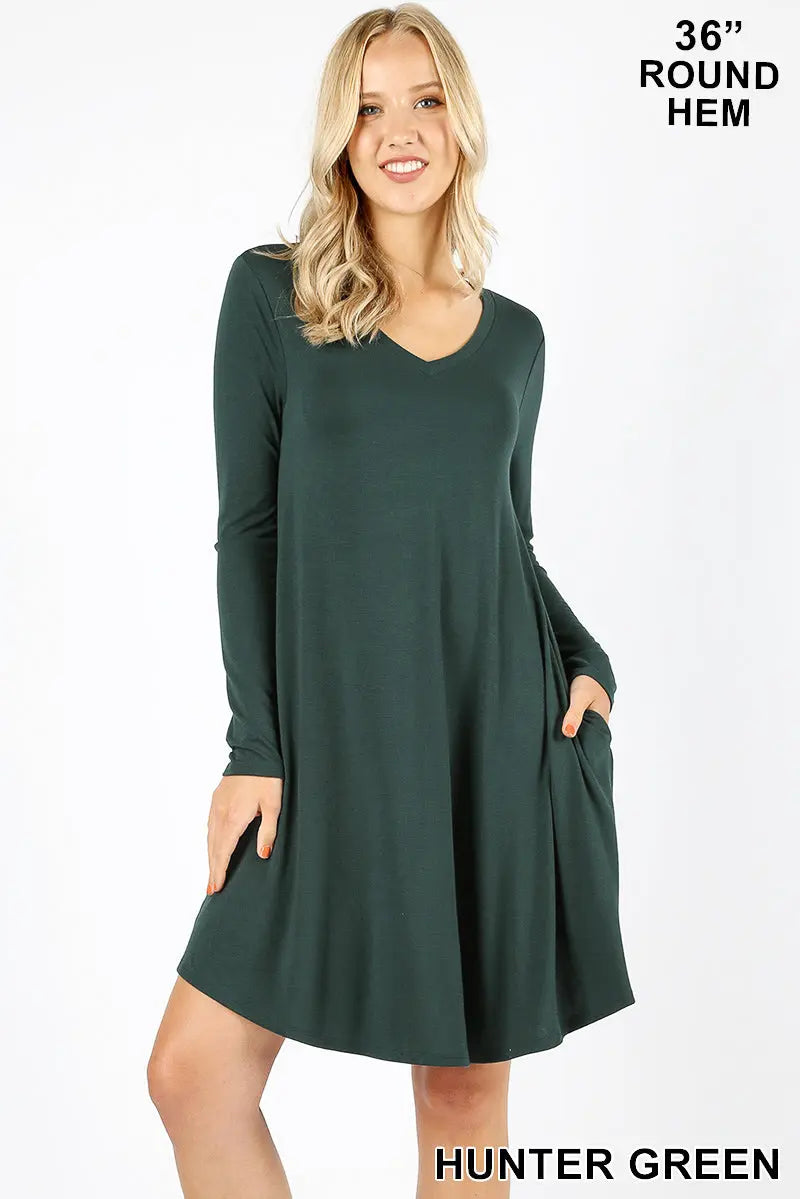 ROUND HEM A-LINE DRESS WITH SIDE POCKETS RD-1403P-II V NECK POCKET PREMIUM FABRIC V-NECK LONG SLEEVE ROUND HEM A-LINE DRESS WITH SIDE POCKETS - Cathy,s new look