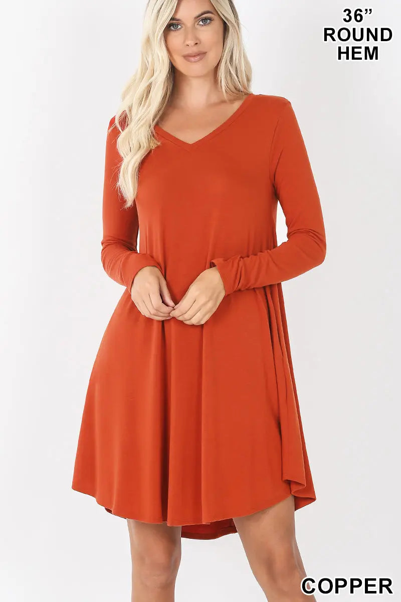 ROUND HEM A-LINE DRESS WITH SIDE POCKETS RD-1403P-II V NECK POCKET PREMIUM FABRIC V-NECK LONG SLEEVE ROUND HEM A-LINE DRESS WITH SIDE POCKETS - Cathy,s new look