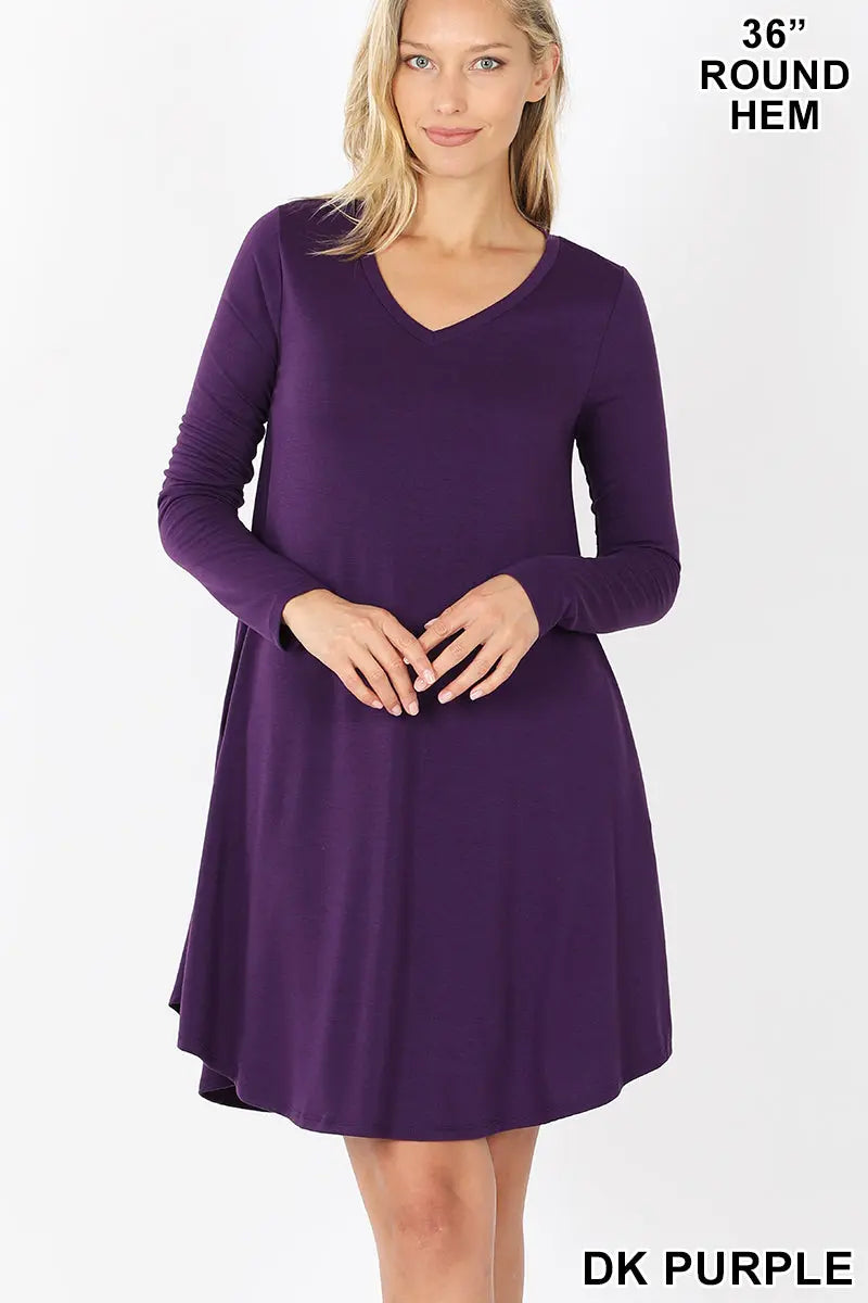 ROUND HEM A-LINE DRESS WITH SIDE POCKETS RD-1403P-II V NECK POCKET PREMIUM FABRIC V-NECK LONG SLEEVE ROUND HEM A-LINE DRESS WITH SIDE POCKETS - Cathy,s new look