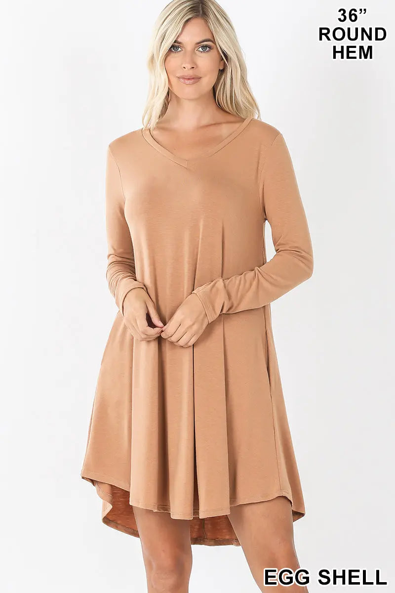 ROUND HEM A-LINE DRESS WITH SIDE POCKETS RD-1403P-II V NECK POCKET PREMIUM FABRIC V-NECK LONG SLEEVE ROUND HEM A-LINE DRESS WITH SIDE POCKETS - Cathy,s new look