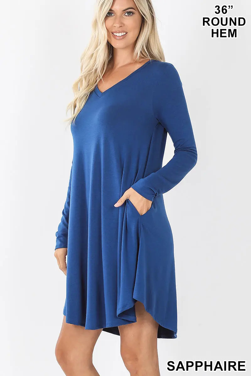 ROUND HEM A-LINE DRESS WITH SIDE POCKETS RD-1403P-II V NECK POCKET PREMIUM FABRIC V-NECK LONG SLEEVE ROUND HEM A-LINE DRESS WITH SIDE POCKETS - Cathy,s new look