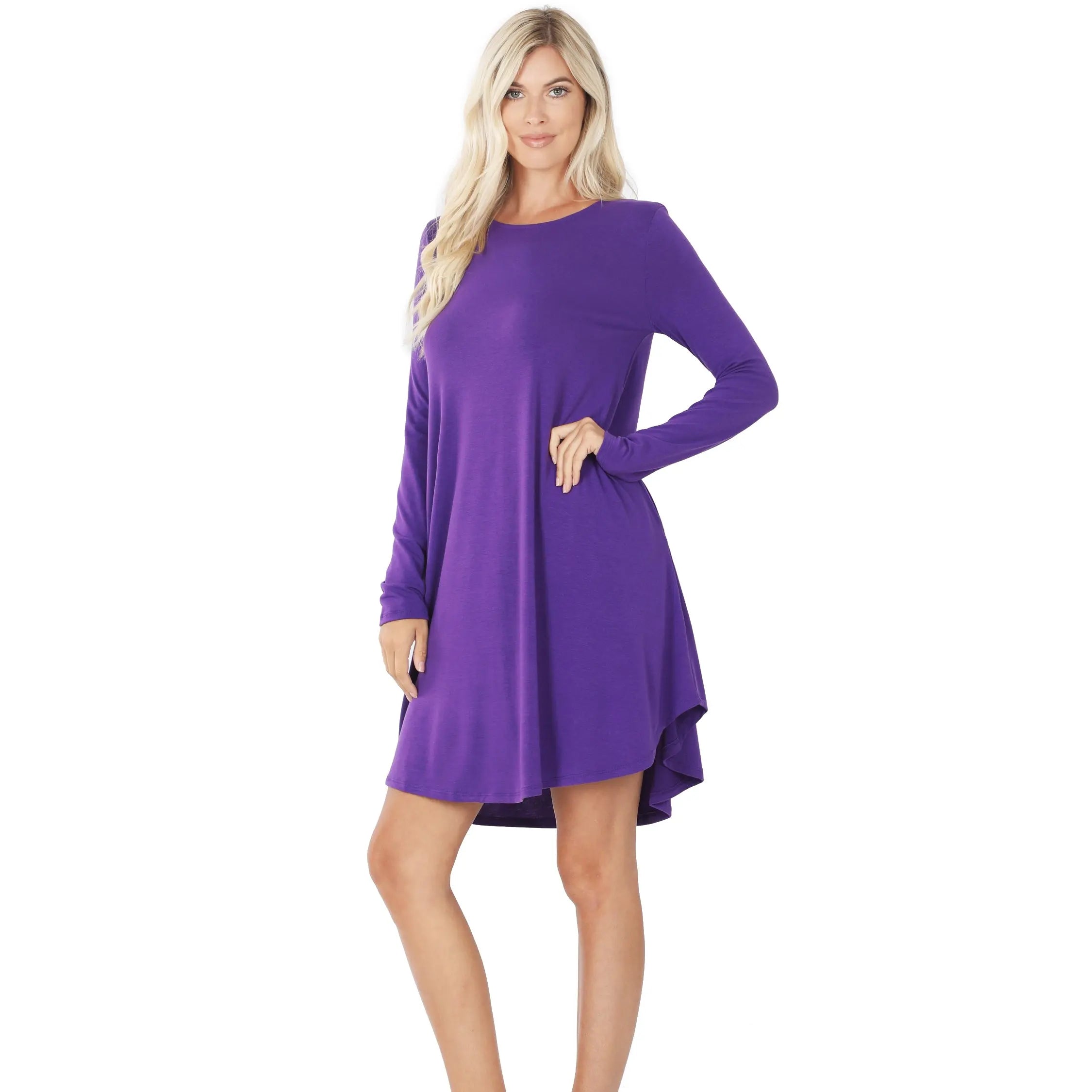 LONG SLEEVE ROUND HEM A-LINE DRESS WITH SIDE POCKETS - Cathy,s new look