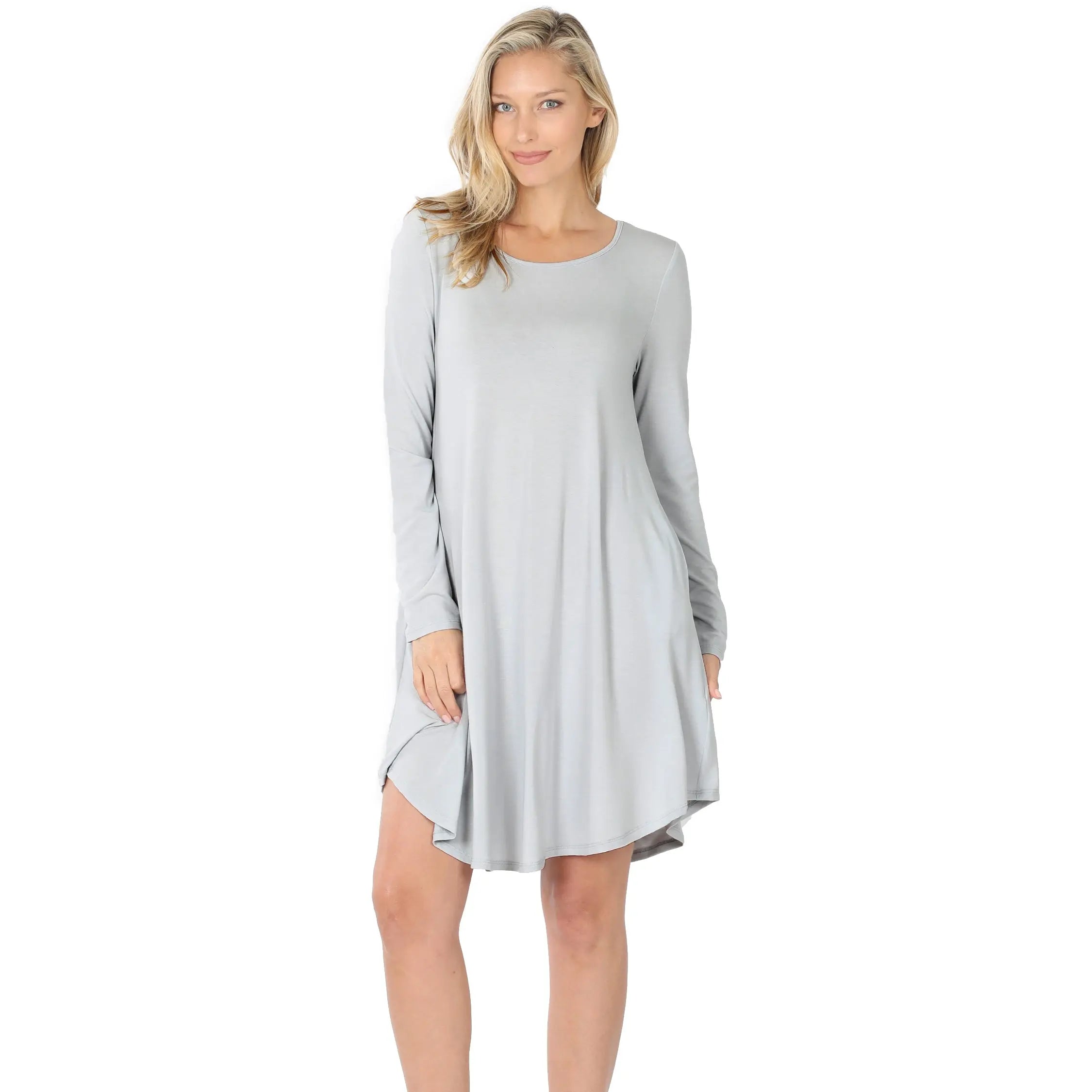 LONG SLEEVE ROUND HEM A-LINE DRESS WITH SIDE POCKETS - Cathy,s new look