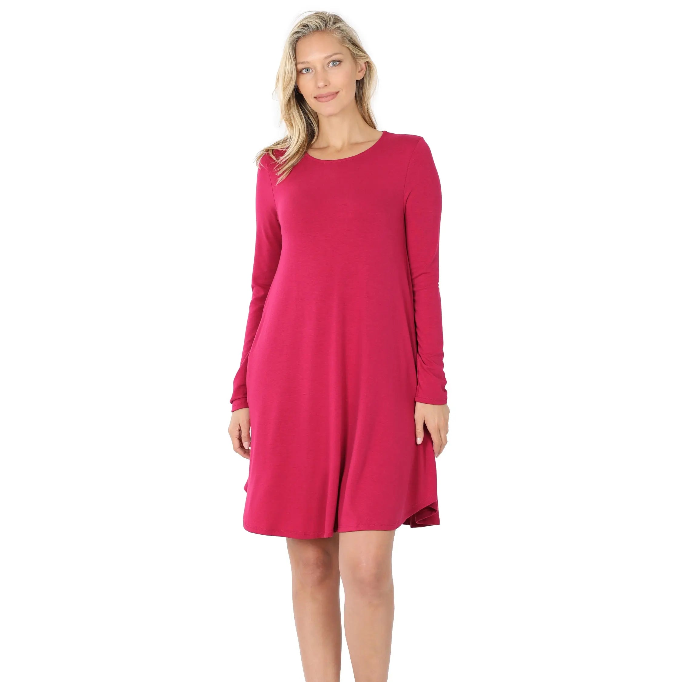 LONG SLEEVE ROUND HEM A-LINE DRESS WITH SIDE POCKETS - Cathy,s new look