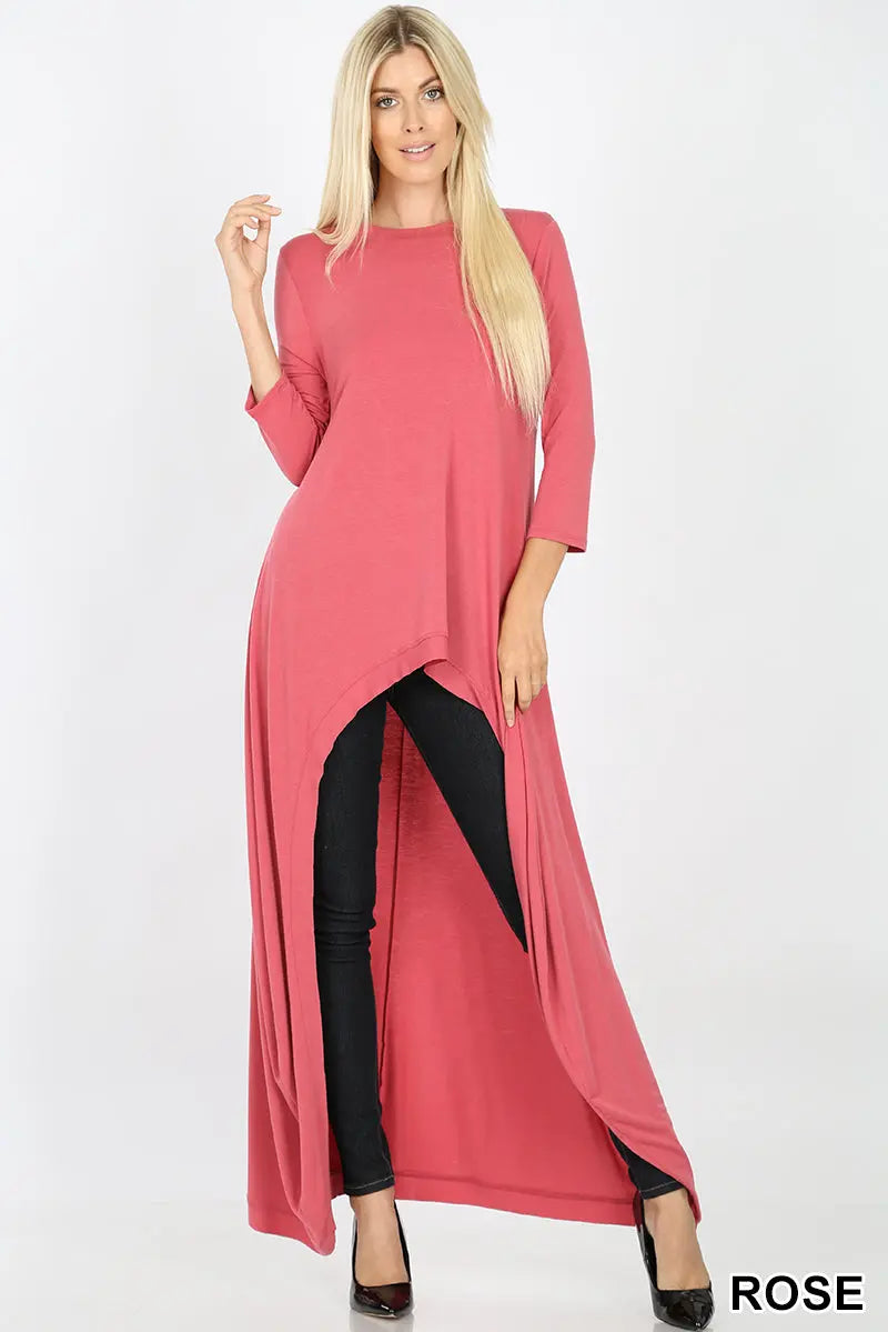 PLUS SIZE HIGH-LOW LONGLINE 3/4 SLEEVE TOP TOTAL BODY LENGTH: 54 1/4" (BACK), 25.5" (FRONT), CHEST: 44" - Cathy,s new look