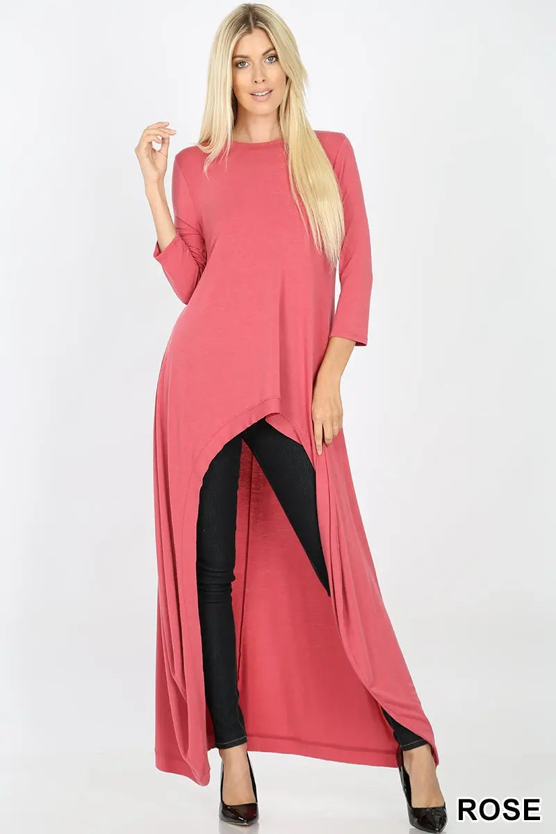 PLUS SIDE FASHION WOMENS 3/4 SLEEVE SOFT STRETCH KNIT HIGH LOW TUNIC MAXI DRESS TOP BLOUSE - Cathy,s new look