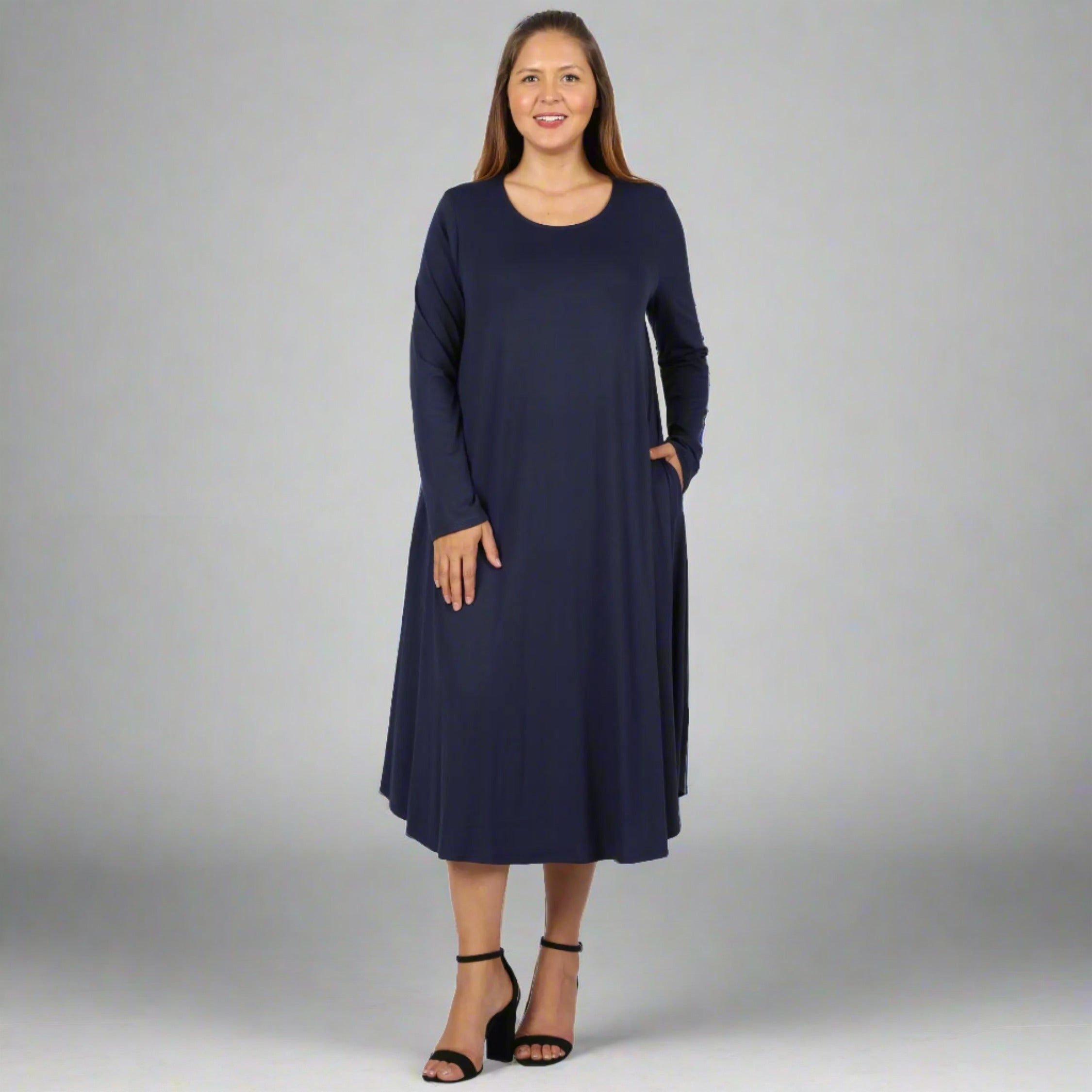 PLUS VISCOSE LONG SLEEVE ROUND NECK POCKET DRESS #VD-7007X ZENANA Media 2 of 6
