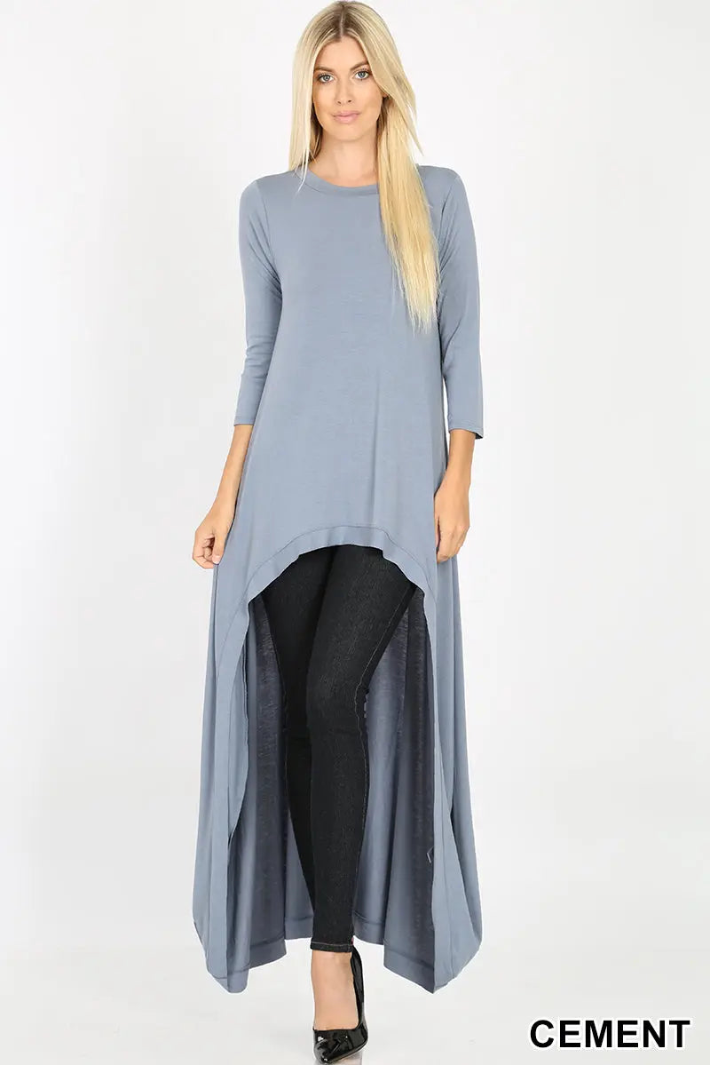 FASHION WOMENS 3/4 SLEEVE SOFT STRETCH KNIT HIGH LOW TUNIC MAXI DRESS TOP BLOUSE - Cathy,s new look