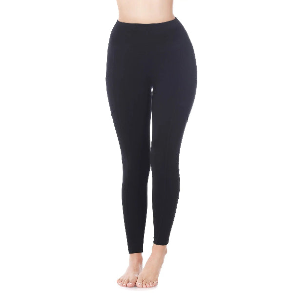 Black ZENANA high waist leggings with side pockets for women shown on model with bare feet