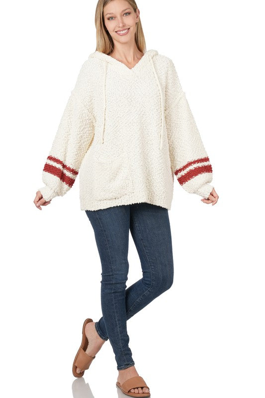 Hooded Front Pocket Popcorn Sweater ZENANA