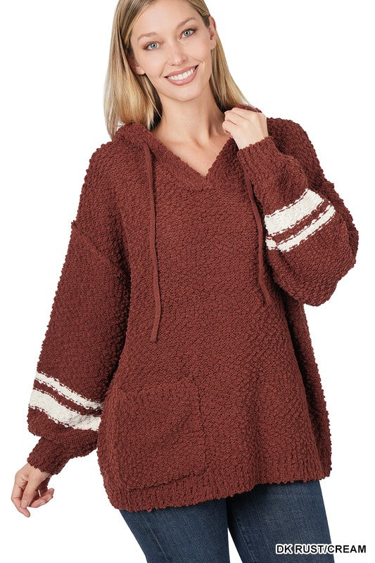 Hooded Front Pocket Popcorn Sweater ZENANA