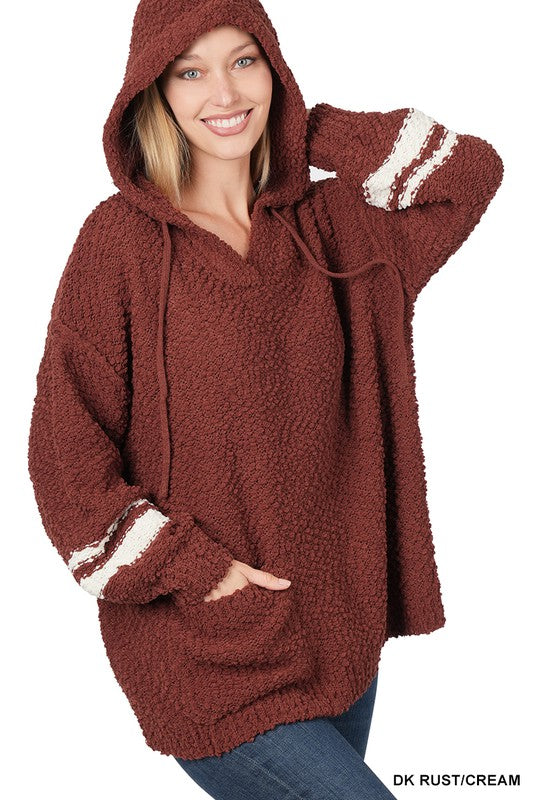 Hooded Front Pocket Popcorn Sweater ZENANA