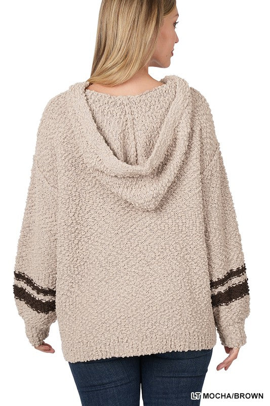 Hooded Front Pocket Popcorn Sweater ZENANA