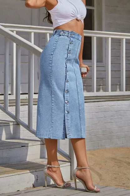 Buttoned Split Denim Skirt Trendsi