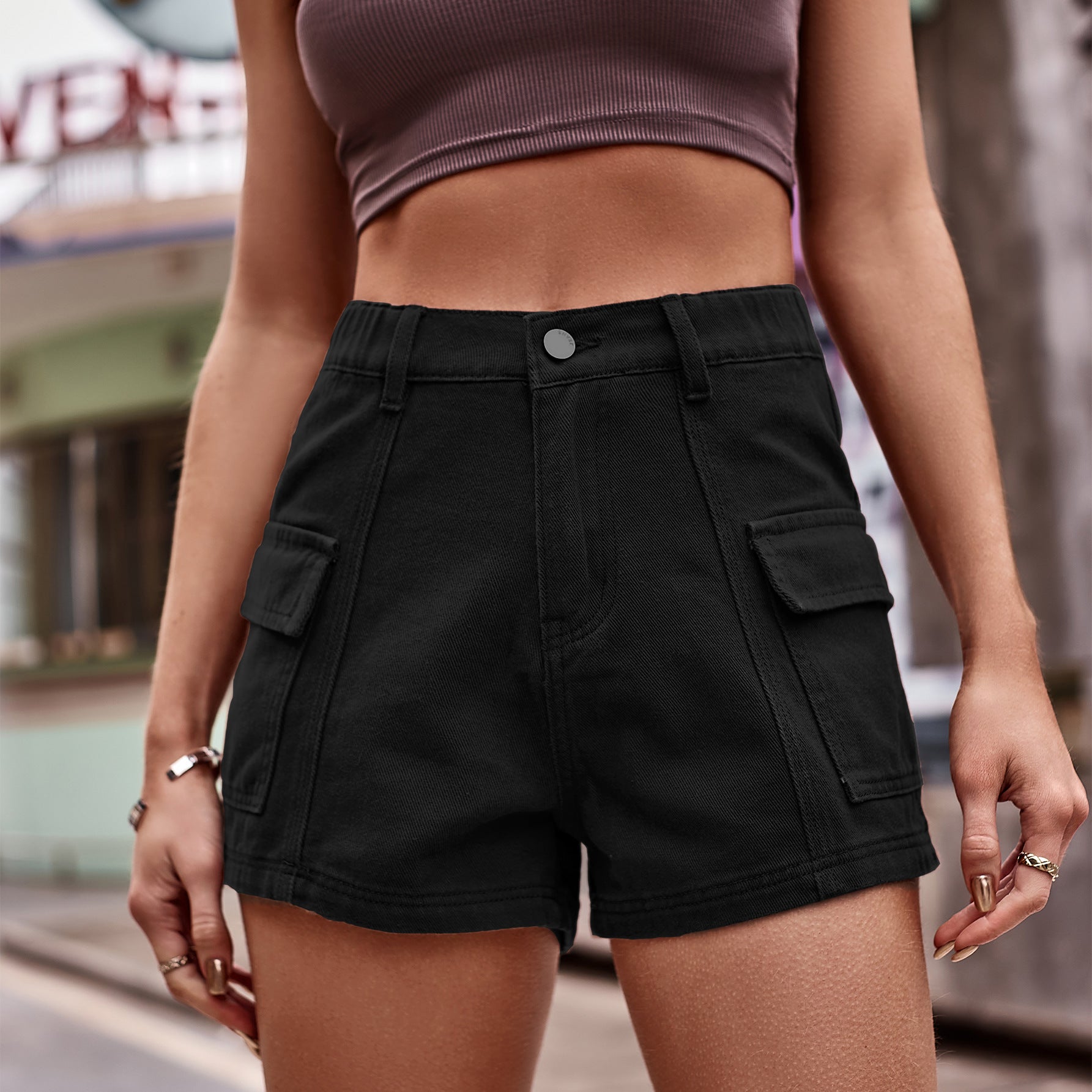 High-Waist Denim Shorts with Pockets Trendsi