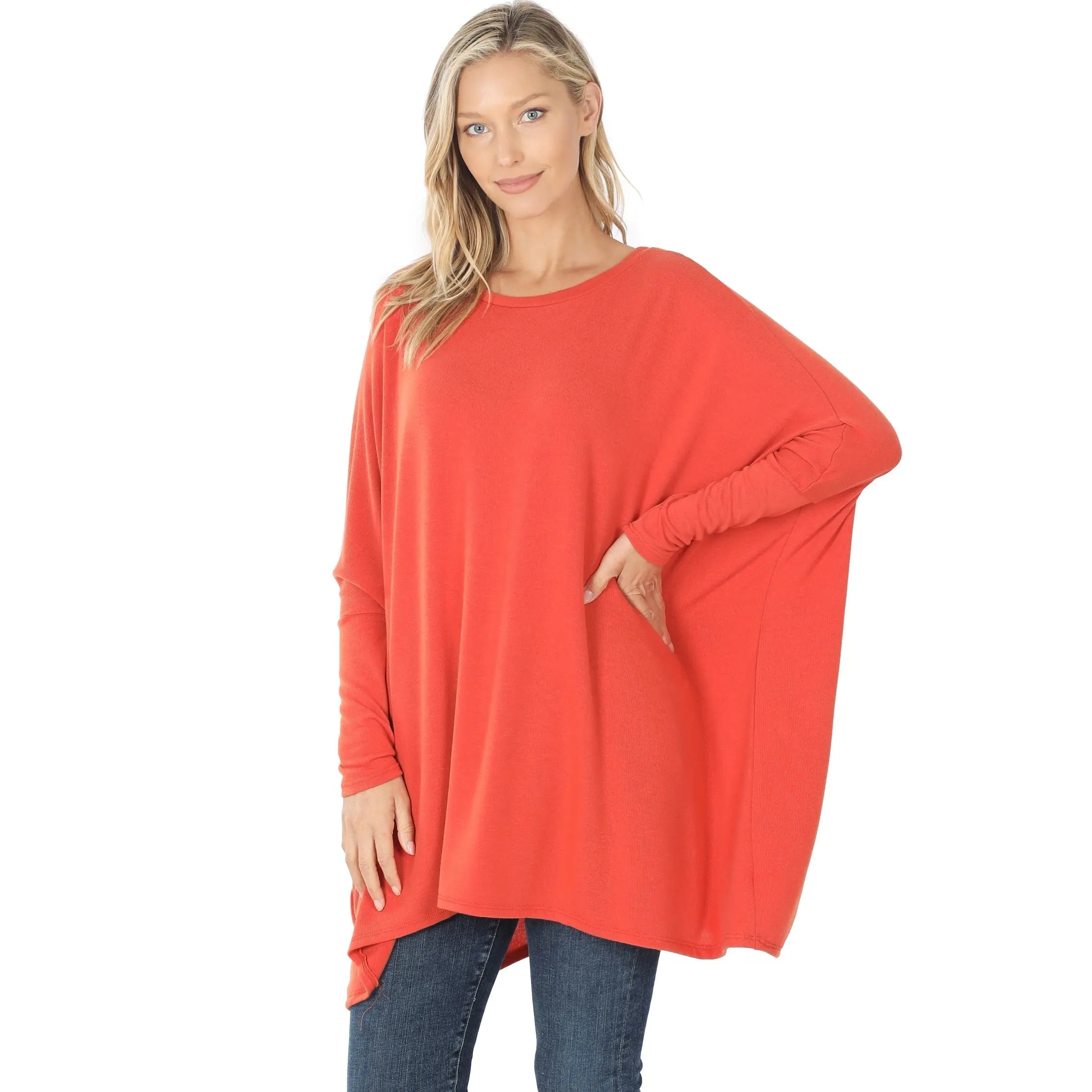 ZENANA SWEATER FABRIC OVERSIZE ROUND NECK PONCHO