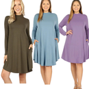 “Earth & Orchid Trio” Zenana premium PLUS PREMIUM MOCK NECK LONG SLEEVE DRESS POCKETS Style No: 1703