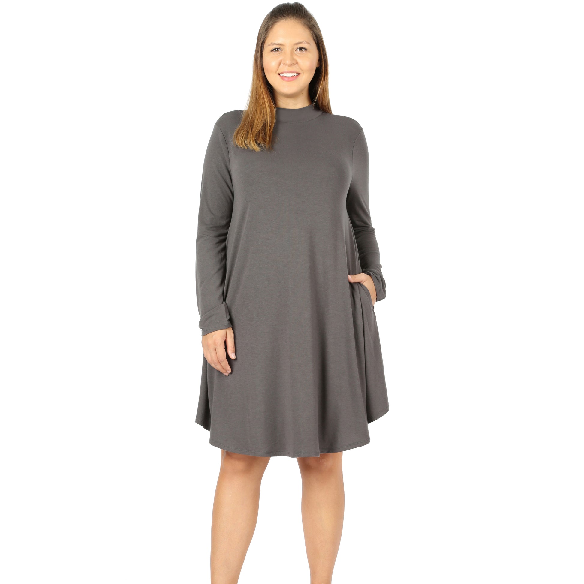 Zenana premium PLUS PREMIUM MOCK NECK LONG SLEEVE DRESS POCKETS StyleNo: #R   DK PURPLED-1703XP Cathy,snewlook