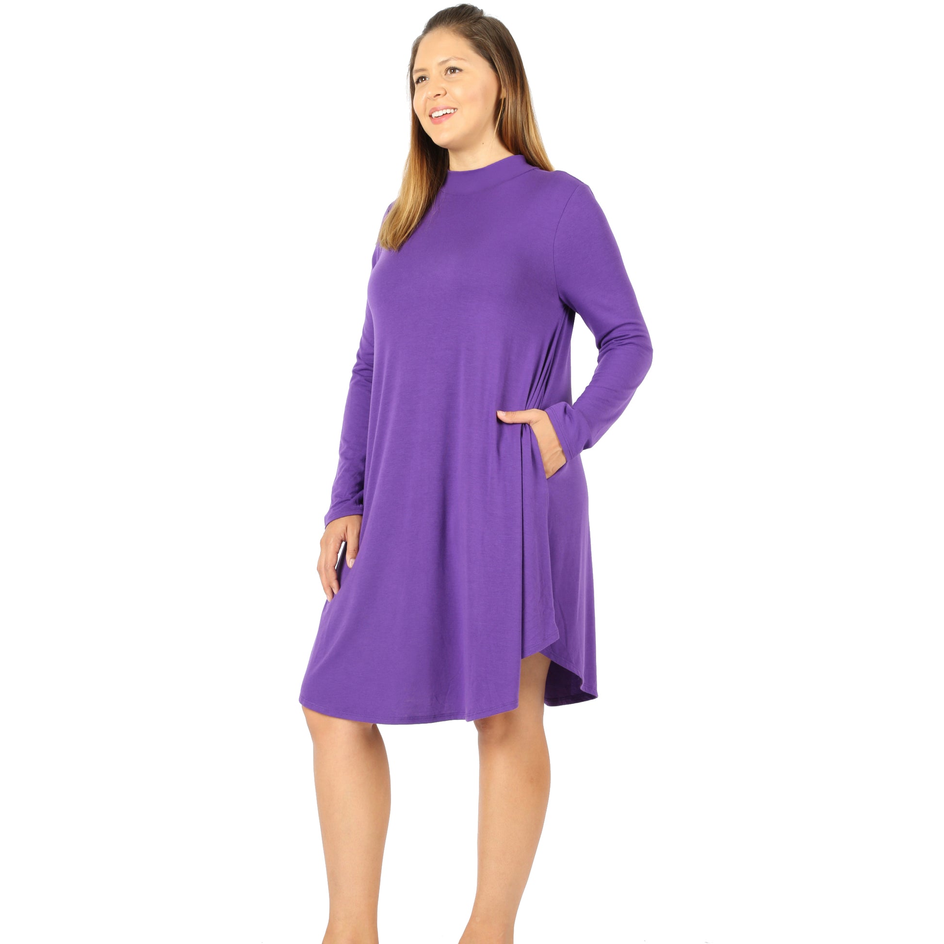 Zenana premium PLUS PREMIUM MOCK NECK LONG SLEEVE DRESS POCKETS StyleNo: #R   DK PURPLED-1703XP Cathy,snewlook