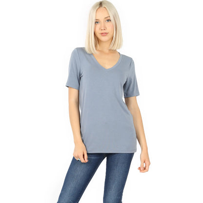 Zenana Premium Fabric Short Sleeve V-Neck Tee CEMENT   RT-2109XP ZENANA