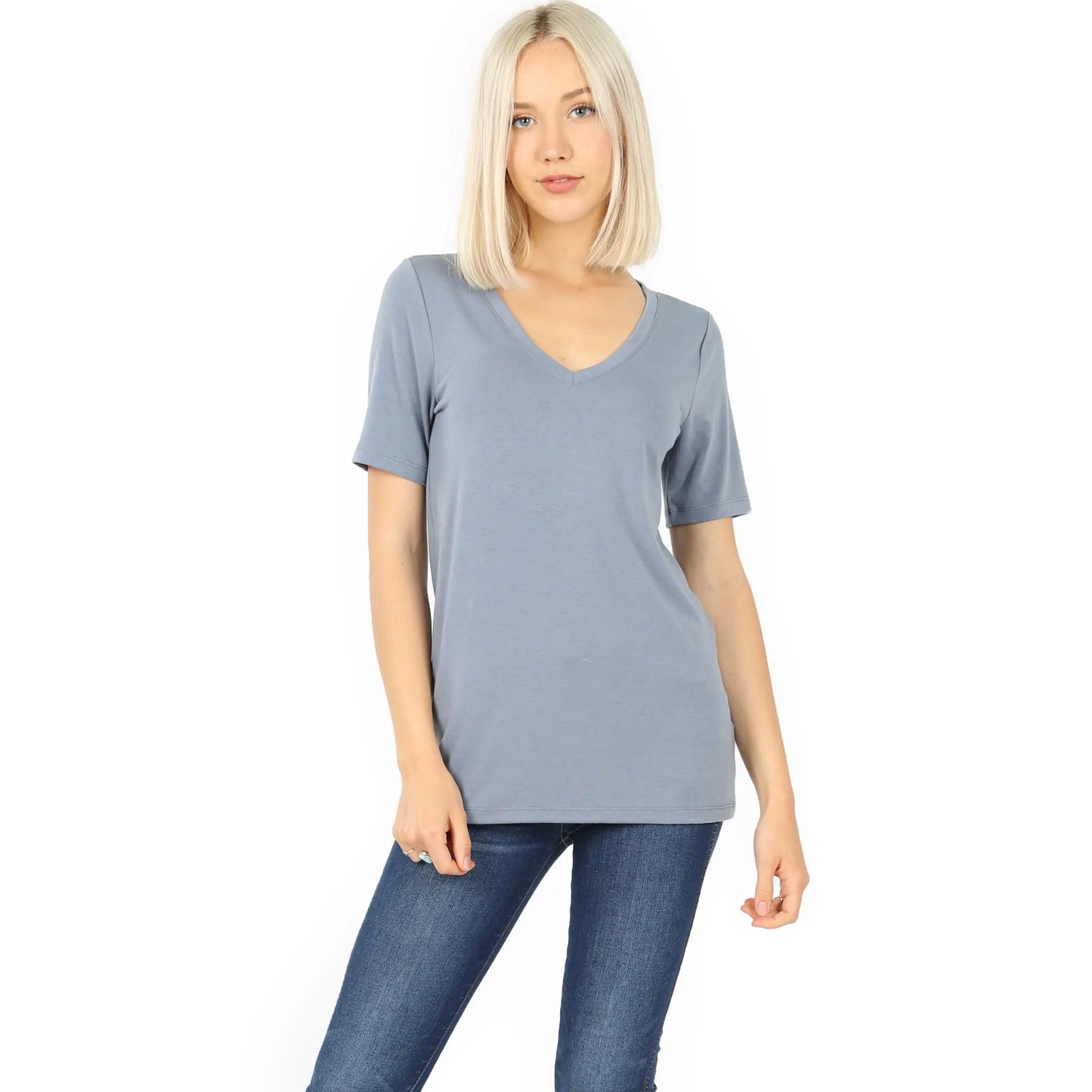 Zenana Premium Fabric Short Sleeve V-Neck Tee CEMENT  RT-2109XP ZENANA