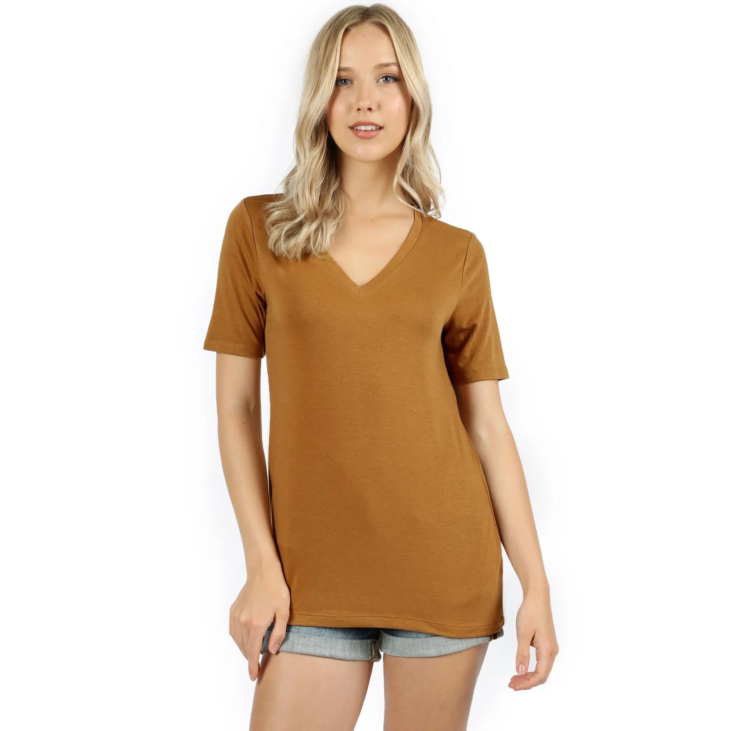 Zenana Premium Fabric Short Sleeve V-Neck Tee COFFEE  RT-2109XP ZENANA