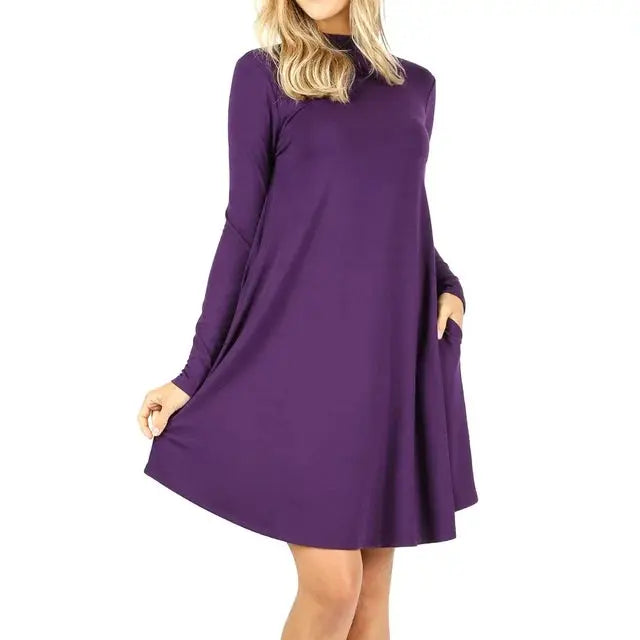 Zenana premium PLUS PREMIUM MOCK NECK LONG SLEEVE DRESS POCKETS StyleNo: #R   DK PURPLED-1703XP Cathy,snewlook