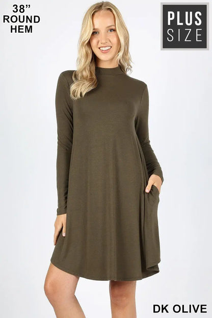 Zenana premium PLUS PREMIUM MOCK NECK LONG SLEEVE DRESS POCKETS StyleNo: #R   DK PURPLED-1703XP Cathy,snewlook