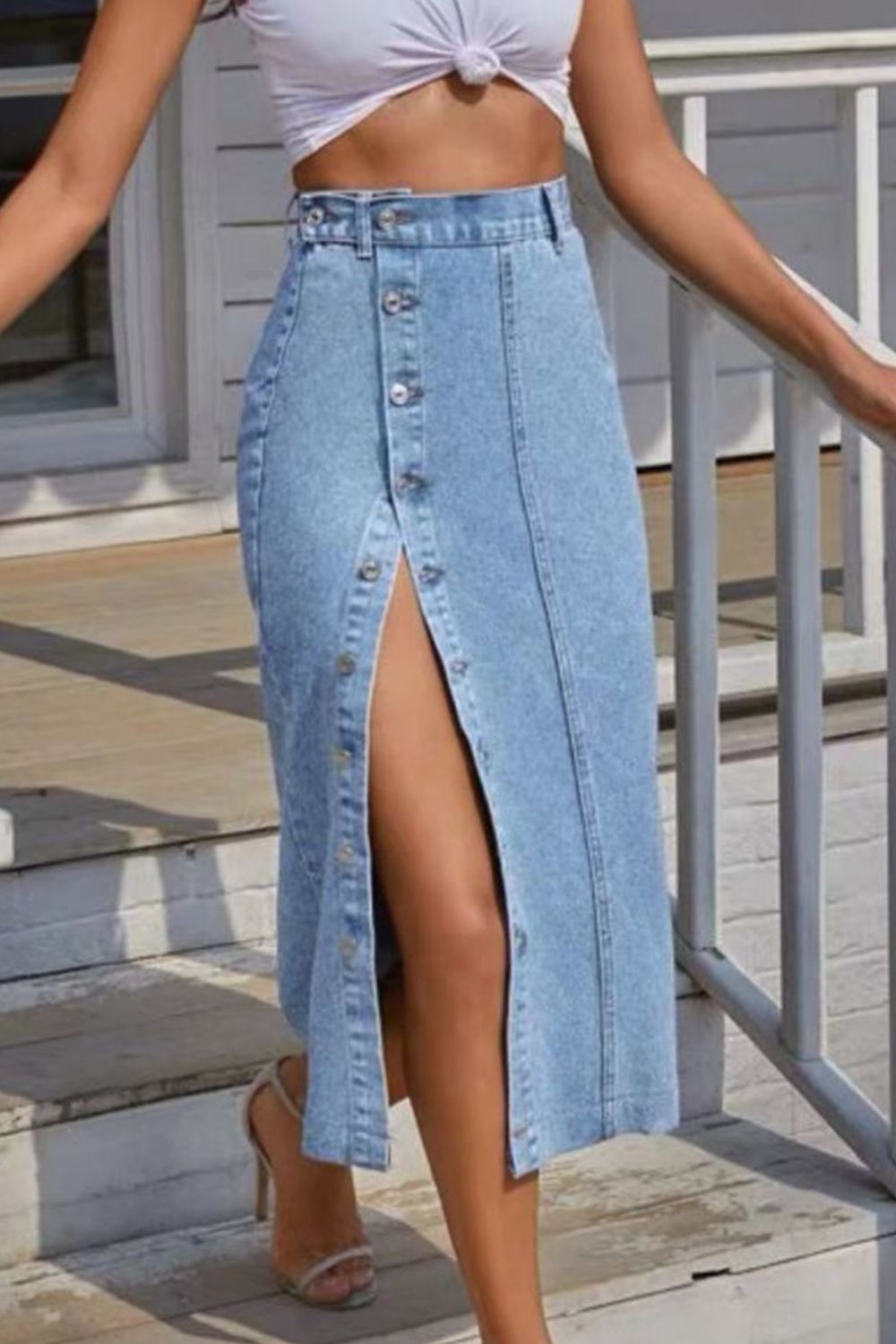 Buttoned Split Denim Skirt Trendsi