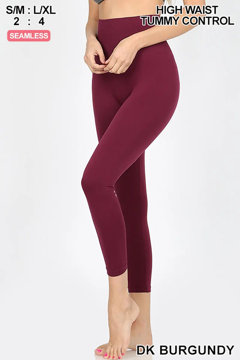 ZENANA Leggings Seamless Capri Yoga in dark burgundy with high waist and tummy control