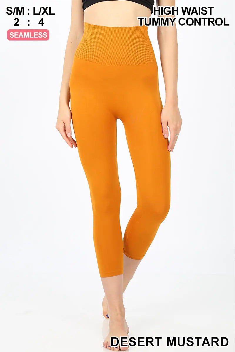 ZENANA Leggings Seamless Capri Yoga in desert mustard with high waist and tummy control