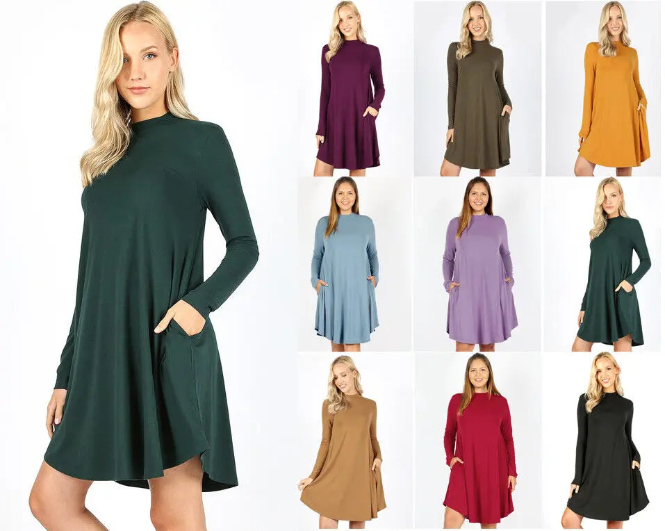 Zenana premium PLUS PREMIUM MOCK NECK LONG SLEEVE DRESS POCKETS StyleNo: #R   DK PURPLED-1703XP Cathy,snewlook