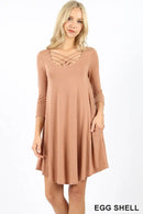 Zenana egg shell long sleeve dress in soft light brown with crisscross neckline and comfortable fit
