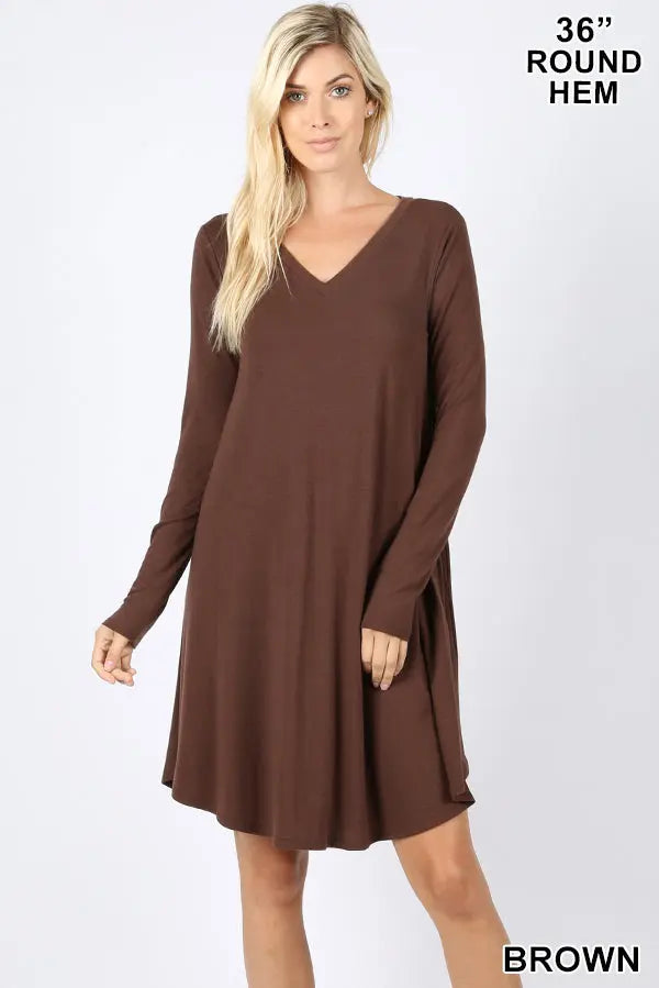 ROUND HEM A-LINE DRESS WITH SIDE POCKETS RD-1403P-II V NECK POCKET PREMIUM FABRIC V-NECK LONG SLEEVE ROUND HEM A-LINE DRESS WITH SIDE POCKETS - Cathy,s new look 