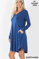 ROUND HEM A-LINE DRESS WITH SIDE POCKETS RD-1403P-II V NECK POCKET PREMIUM FABRIC V-NECK LONG SLEEVE ROUND HEM A-LINE DRESS WITH SIDE POCKETS - Cathy,s new look 