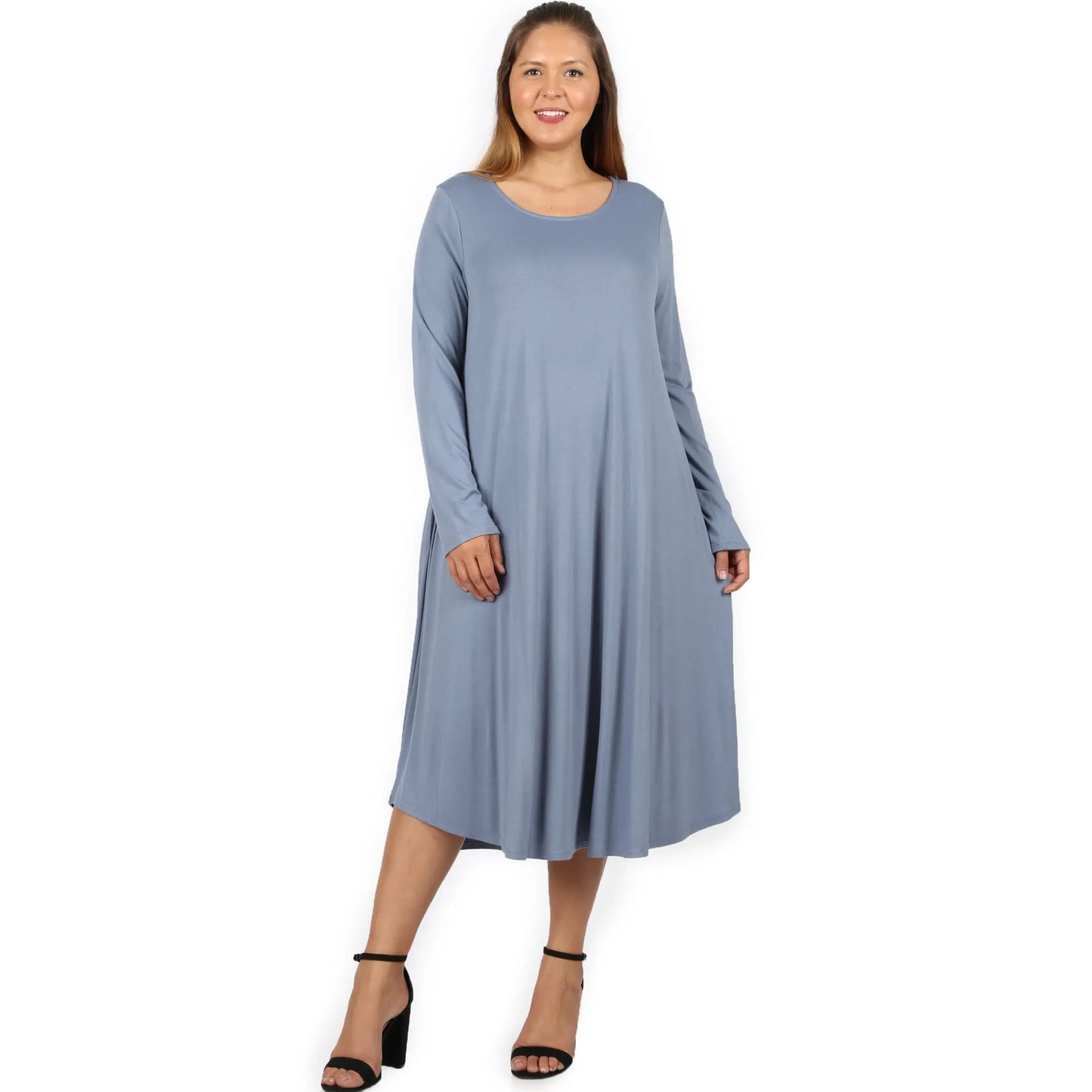   PLUS VISCOSE LONG SLEEVE ROUND NECK POCKET DRESS #VD-7007X ZENANA - Cathy,s new look 