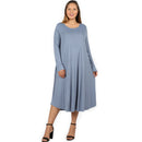 PLUS VISCOSE LONG SLEEVE ROUND NECK POCKET DRESS