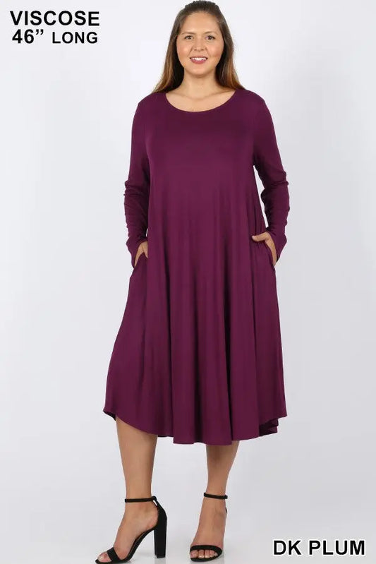 BUY 2 ADD 1 FREE  PLUS VISCOSE LONG SLEEVE ROUND NECK POCKET DRESS #VD-7007X ZENANA - Cathy,s new look 