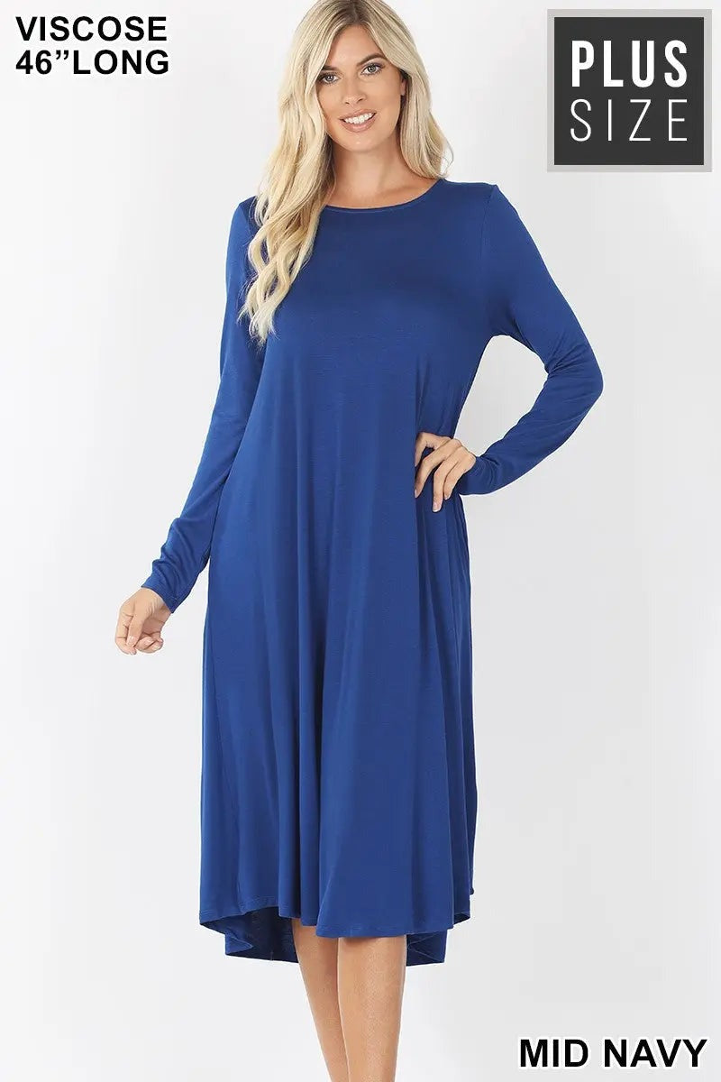 BUY 2 ADD 1 FREE  PLUS VISCOSE LONG SLEEVE ROUND NECK POCKET DRESS #VD-7007X ZENANA - Cathy,s new look 