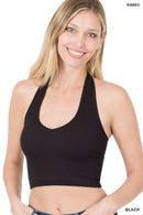 Black Zenana premium halter top ribbed sleeveless crop top for women