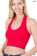 Woman wearing a ruby red ribbed Zenana premium halter top with a scoop neckline